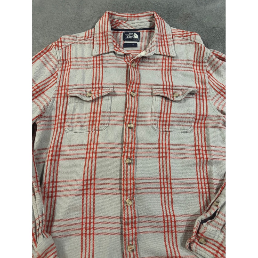 The North Face Mens Large Grey Red Plaid Flannel Button Up Shirt L Cotton